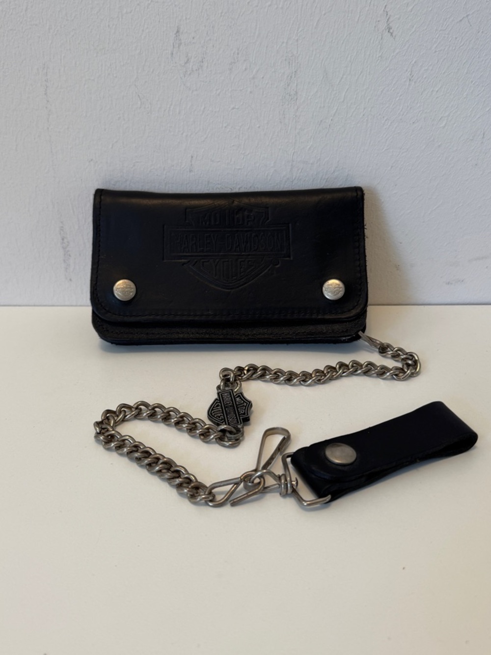 Harley-Davidson Black Leather Chain Wallet Biker Trifold Logo Embossed - Picture 2 of 16
